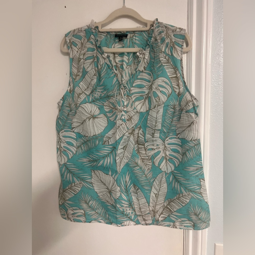 Talbots Teal Leaf Print Sleeveless Blouse